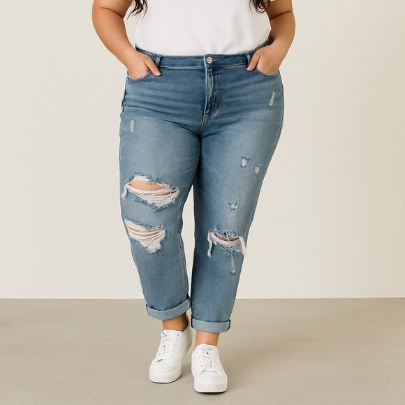 A441 • Distressed Mid-Rise Boyfriend Jeans – Medium Wash - Picture 1 of 6